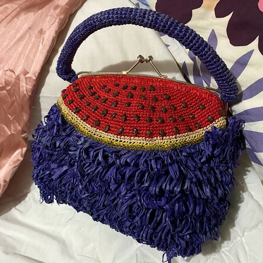 VINTAGE JAMIN PUECH  Watermelon Bag! Kitschy rattan watermelon bag. RARE FIND! - Picture 4 of 8